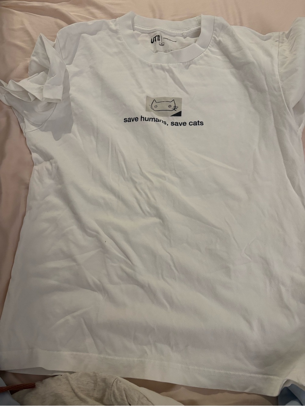 Uniqlo White Graphic Tee - "Save Humans, Save Cats"